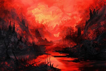 Fototapeta premium A Crimson Sunset Over a Silhouetted Forest