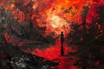 A Silhouetted Figure Stands in a Red and Black Landscape Under a Crescent Moon