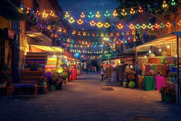 A colorful street market at night with vibrant stalls and string lights.