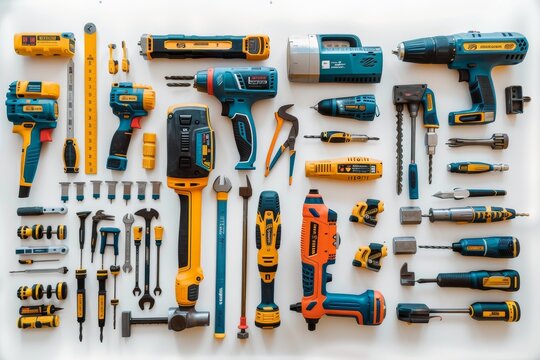 Collection of power tools organized on white background
