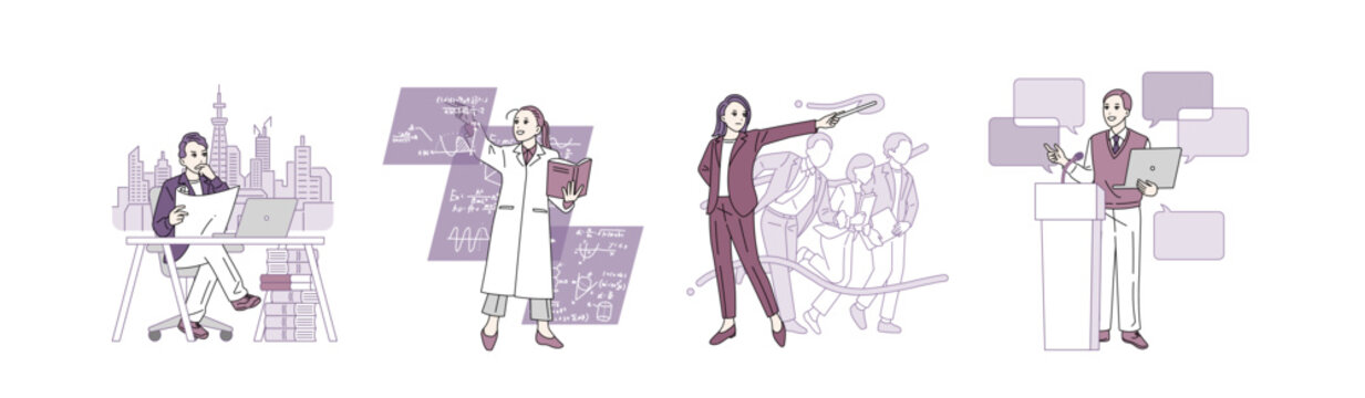 様々な職種の分析家のイラスト　建築家　論理学者　指揮官　討論者