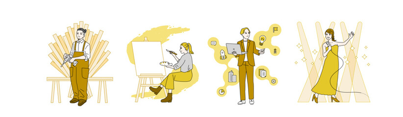 様々な職種の探検家のイラスト　巨匠　冒険家　起業家　エンターテイナー