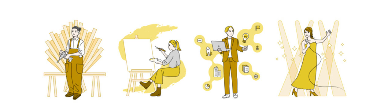 様々な職種の探検家のイラスト　巨匠　冒険家　起業家　エンターテイナー
