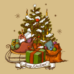 Vintage Christmas Greeting Card, winter sketches Invitation