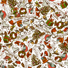 Vintage Christmas Seamless Pattern, winter sketches texture