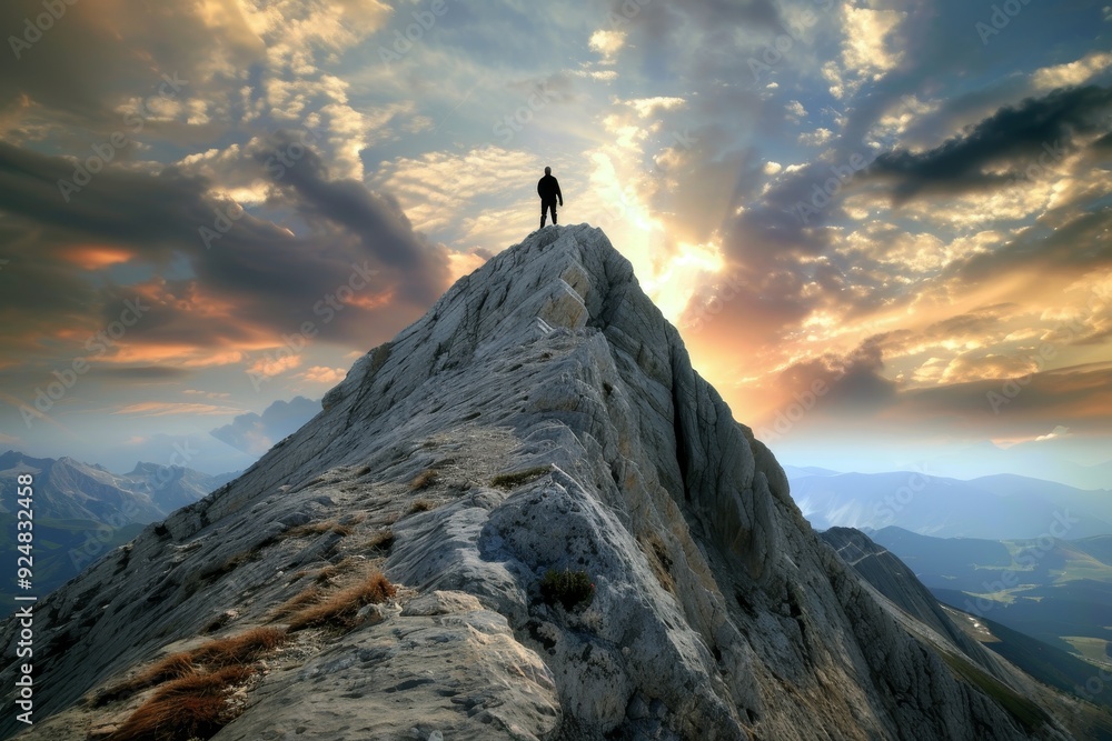 Poster construct an image of person standing on top of mountain, symbolizing overcoming mental health chall