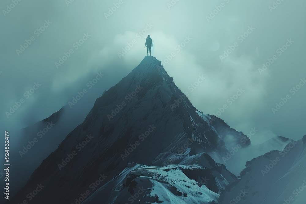 Poster construct an image of person standing on top of mountain, symbolizing overcoming mental health chall