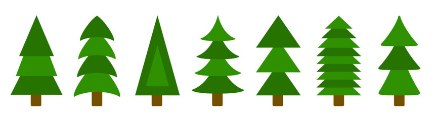 Christmas tree set line. Fir tree collection. Green pine trees. Greeting card, banner, web, sticker print template. Different shape. New Year winter sign symbol. Flat design. White background. Vector