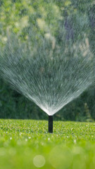 Automatic sprinkler system watering the grass on a bright sunny day