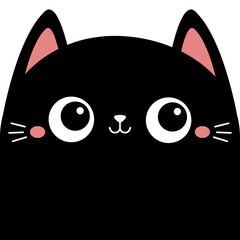 Square cat kitten face head silhouette. Black color. Cute cartoon funny character. Kawaii pet animal. Pink nose, ears, tongue. Childish style. Sticker print. Flat design. White background. Vector