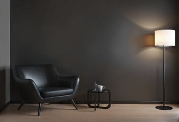 Modern interior with an armchair on empty dark wall 