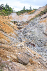 Geothermal Hot Springs Pathway through Rocky Terrain, Goshougake, Akita, Japan