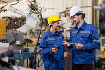 Happy engineer worker team service replace broken part of automatic industry robotic welding arm....