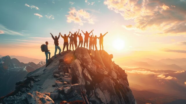 Group of hikers celebrating at the summit of a mountain during sunrise, symbolizing teamwork, achievement, and adventure in a breathtaking natural setting