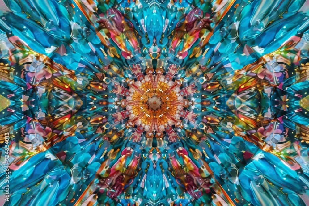 Poster kaleidoscope, 3d symmetrical pattern, mesmerizing and colorful transparent background