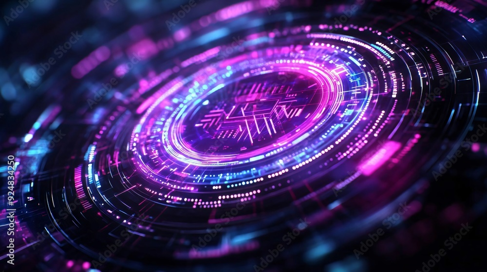 Poster vibrant abstract design featuring circular patterns and glowing neon colors, representing futuristic