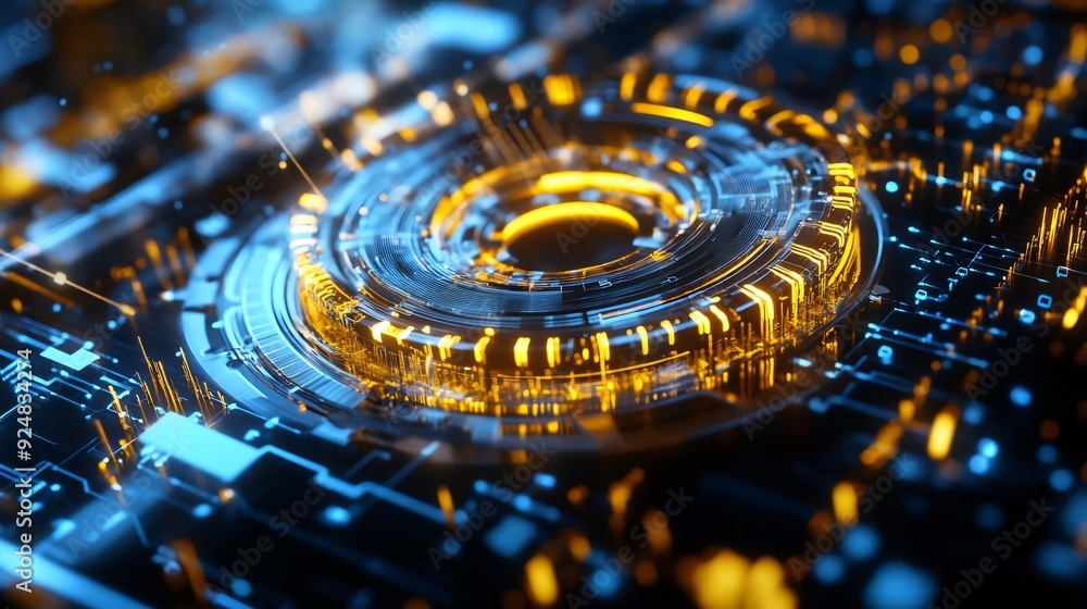 Poster vibrant abstract design featuring glowing circuits and a central pattern, perfect for technology and