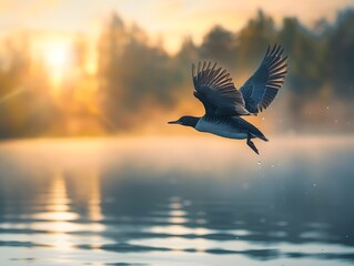 Fototapeta premium Majestic Bird in Flight Over Tranquil Lake at Sunrise with Misty Forest Background