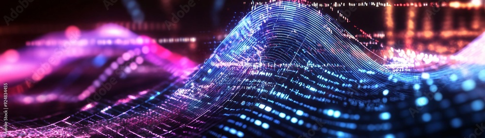 Poster vibrant abstract landscape featuring colorful waves of light and data visualization, ideal for techn