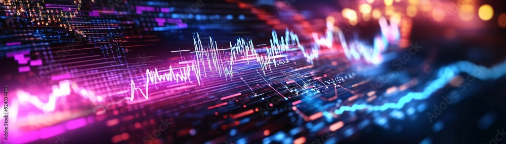 Poster vibrant data visualization with colorful waves and lines illustrating technology and digital growth 