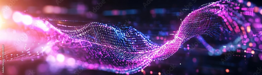 Poster vibrant digital wave with glowing particles, showcasing a blend of technology and creativity in a me