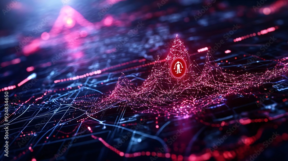 Poster vibrant digital visualization of data patterns with glowing peaks, symbolizing technological advance