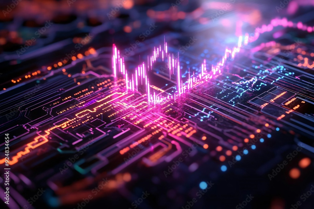 Poster vibrant digital waveform graphic illustrating technology and innovation in data analysis and electro