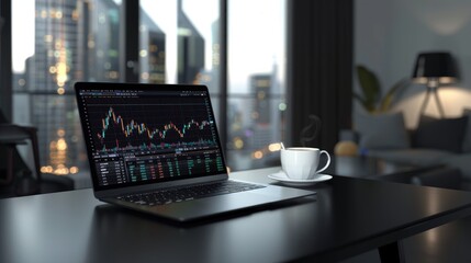 An HD image of a financial audit summary on a sleek black desk in a modern apartment, with a laptop displaying stock market forecasts and a cup of espresso.