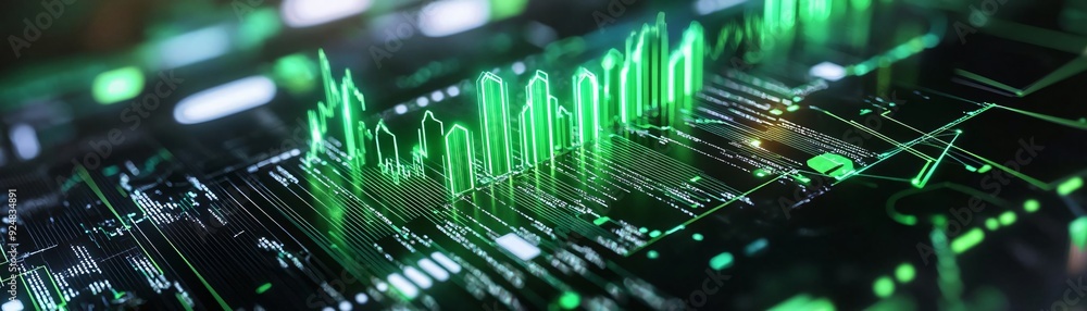 Poster a close-up view of a digital circuit board with glowing green data signals, illustrating technology 