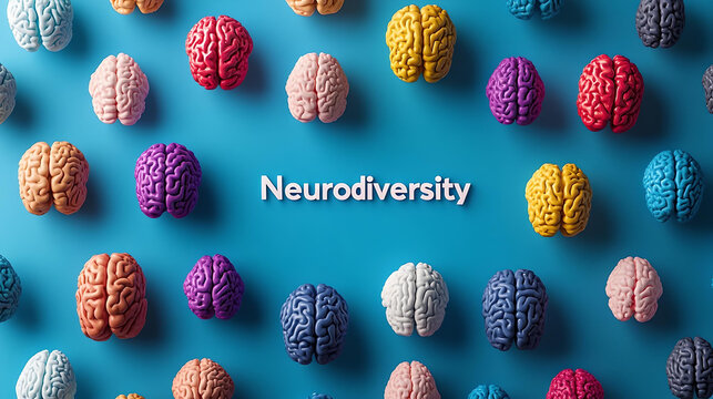 Multiple colorful brain models arranged on a blue background with the word "Neurodiversity," symbolizing the diversity of human minds and cognitive variations.
