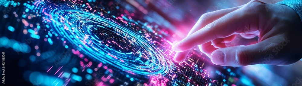Poster a futuristic digital interface featuring a hand interacting with vibrant holographic patterns and gl