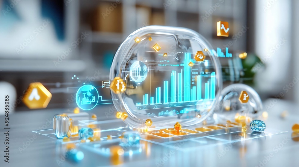 Poster a futuristic digital visualization showcasing data analysis and business growth through holographic 