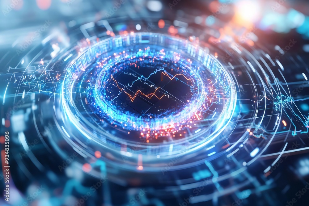 Poster a futuristic digital interface with glowing elements and data visualizations, representing technolog