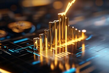 A dynamic financial graph showcasing growth with glowing bars and an upward trend, symbolizing success and financial data.