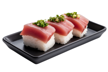 Close-up of three pieces of fresh tuna sashimi nigiri on a black plate, garnished with green onions and served on white rice.