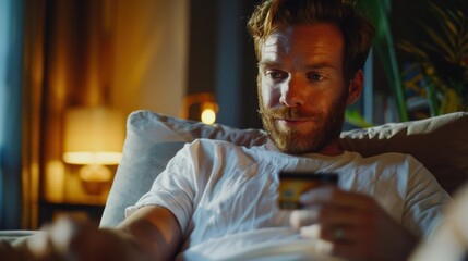 Obraz premium man lounges in bed while shopping online with a credit card, illuminated by the warm glow of ambient lighting, representing modern e-commerce and convenience