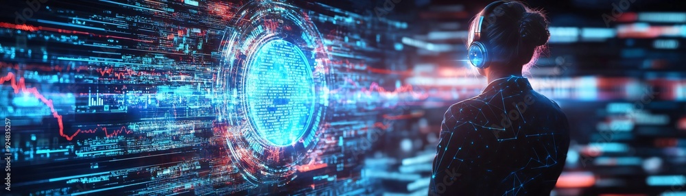 Poster a person stands before a vibrant, futuristic interface filled with glowing data streams and digital 