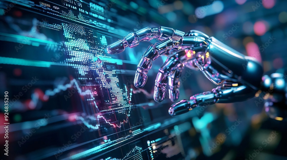 Poster a robotic hand interacts with digital data on a high-tech screen, showcasing the fusion of technolog