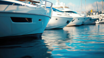 Fototapeta premium Elegant and Luxurious Yachts Gracefully Docked in Vibrant Marina During Golden Hour Light