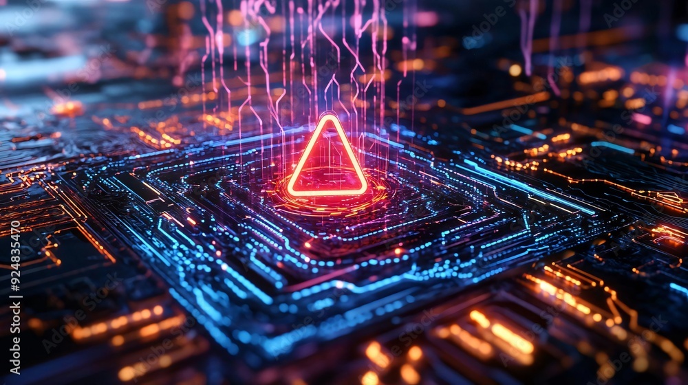 Poster a vibrant circuit board with glowing lines and a central neon triangle, symbolizing technology and i