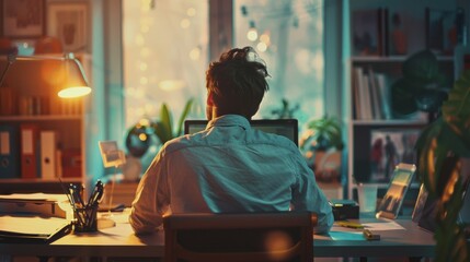 Obraz premium Rear view of a man working late at a home office, surrounded by a cozy ambiance, focusing on his computer screen