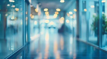 Naklejka premium Blurred empty open space office. Abstract light bokeh at office interior background for design,generative ai