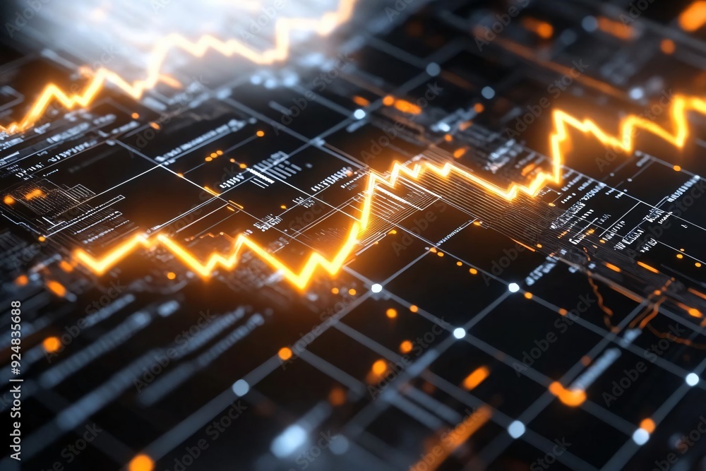 Poster abstract data visualization with dynamic line chart, showcasing fluctuating trends in digital financ