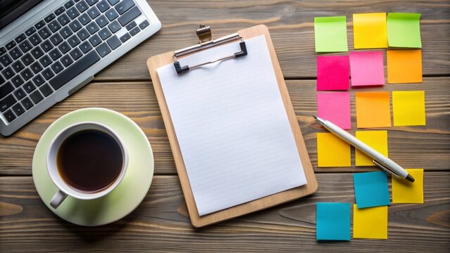 Colorful sticky notes and a clipboard on a desk, surrounded by coffee cups and a laptop, illustrating the plan-do-study-act cycle of continuous improvement.