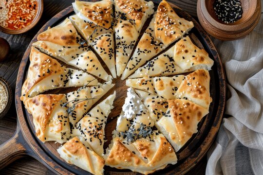 Top view of white cheese and black sesame seeds fatayer