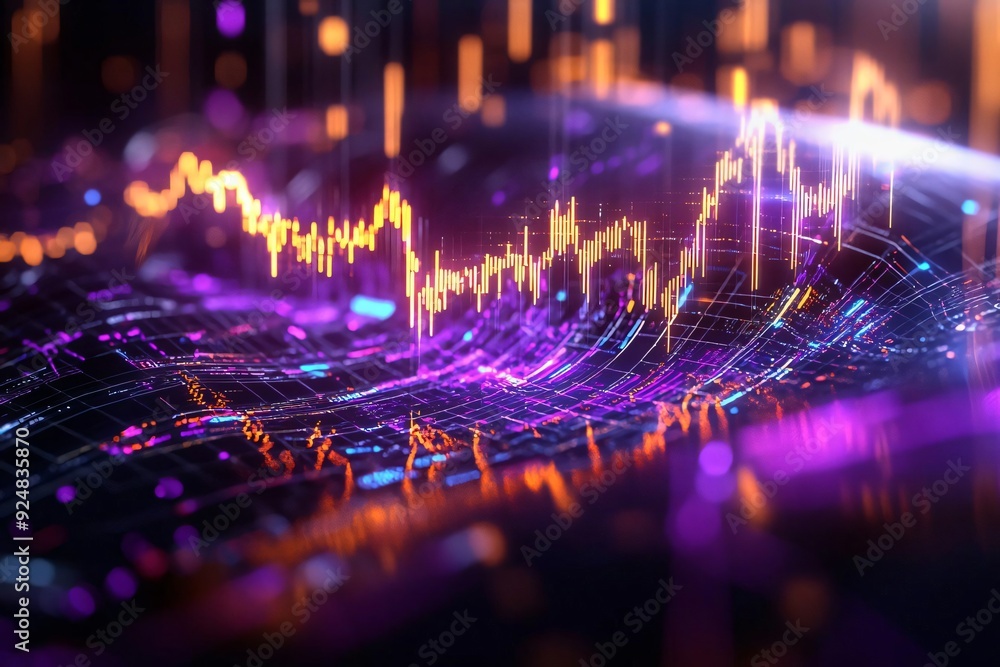 Poster abstract digital graph showcasing vibrant colors and dynamic lines, representing data trends and tec