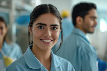 Fototapeta premium Close-up of a young female lab worker smiling, representing scientific research and teamwork in a modern laboratory setting