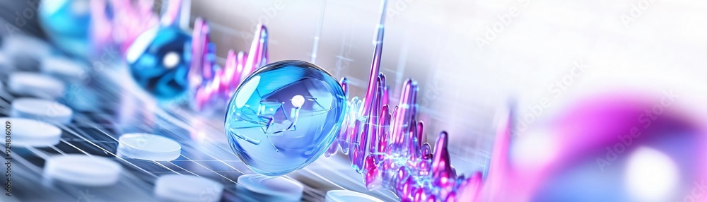 Poster abstract representation of data visualization with colorful spheres and sound waves, ideal for techn