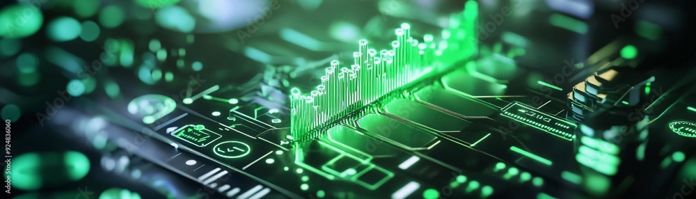 Poster abstract representation of technology with digital graphs and circuits showcasing data visualization