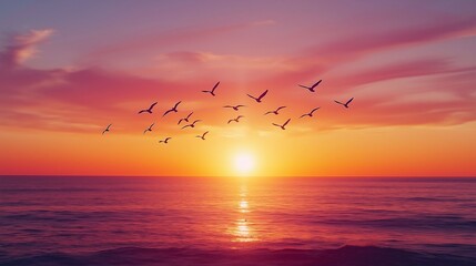 A group of seagulls gracefully flying over the calm ocean during a vivid, colorful sunset with hues of purple and orange.